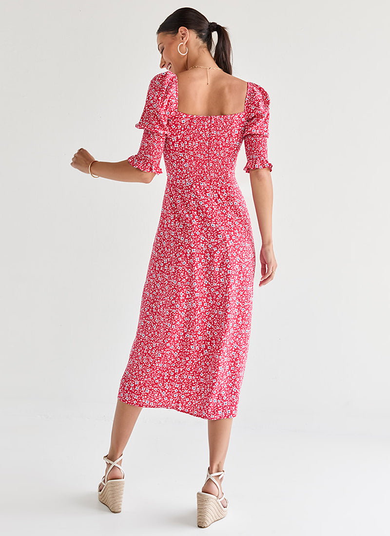 Pink Floral Elegance Puff Sleeve Midi Dress