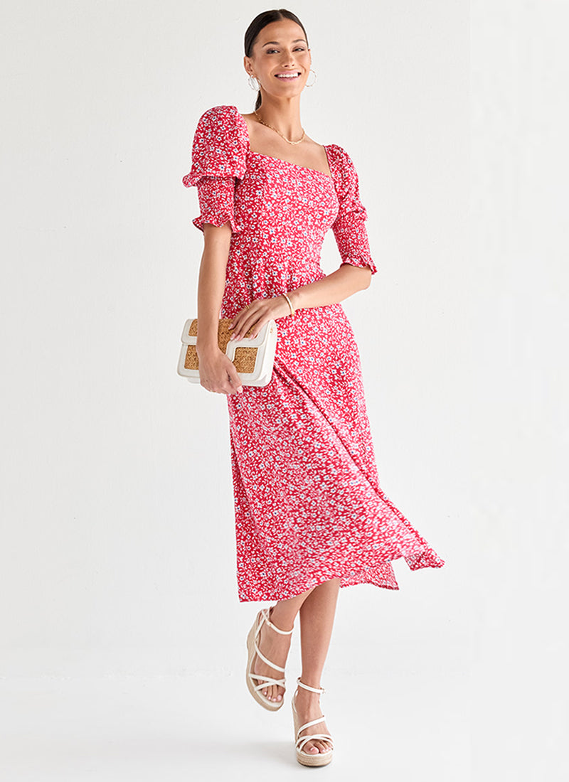 Pink Floral Elegance Puff Sleeve Midi Dress