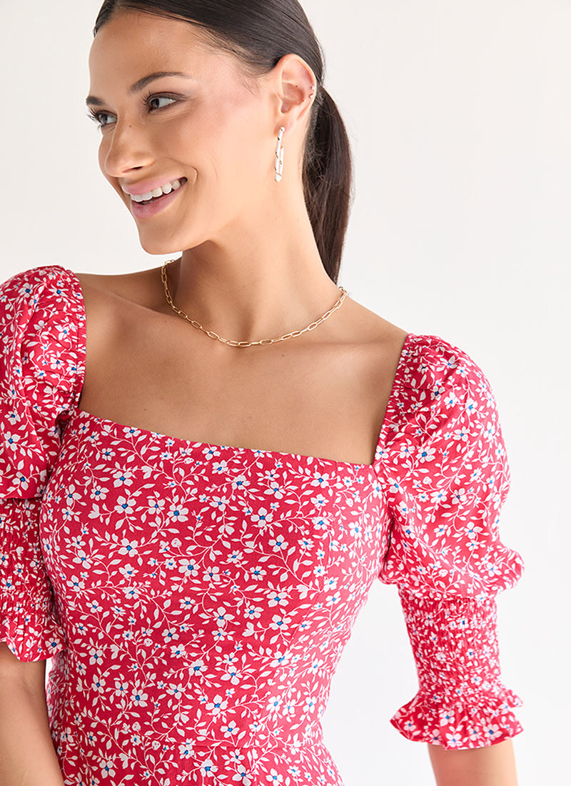 Pink Floral Elegance Puff Sleeve Midi Dress