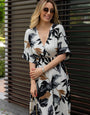 Black and White Rayon Leaf Printed Midi Dress