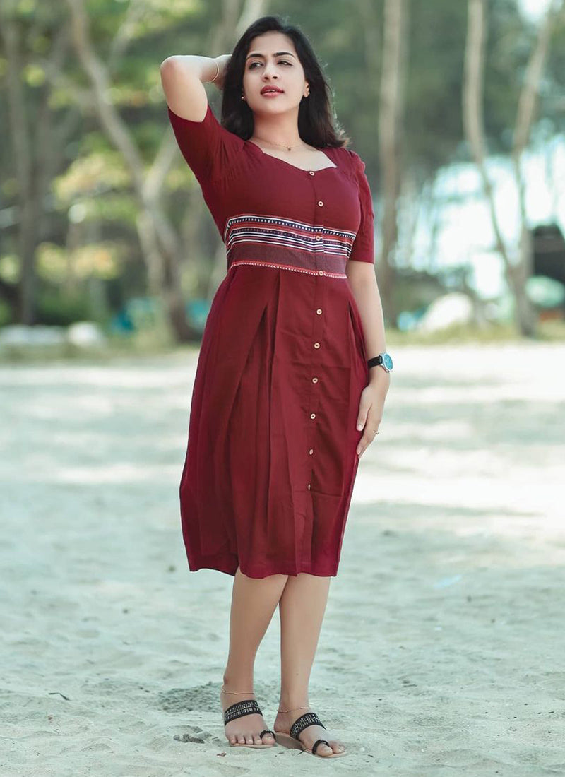 Maroon Rayon Printed Western Dress